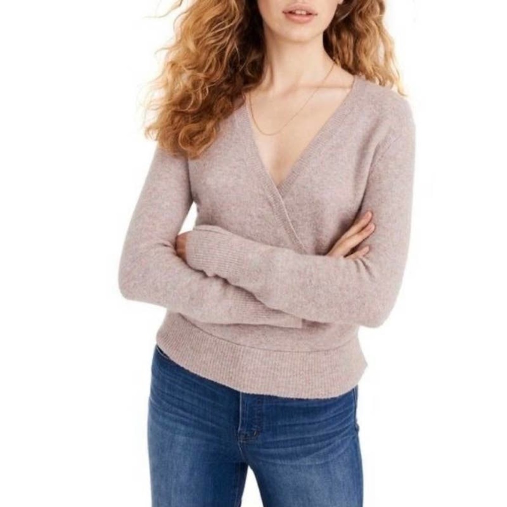 MADEWELL XS Faux Wrap Sweater Coziest Yarn Light Pink Marled